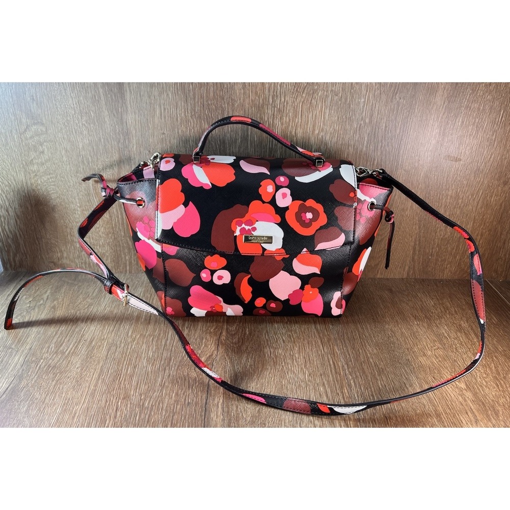 Kate Spade New York Floral Camellia Print Crossbody Satchel Black Pink Gold